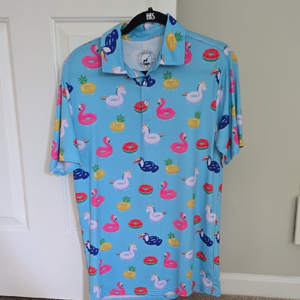 Men's Blue Polo Shirt with Colorful Float Print